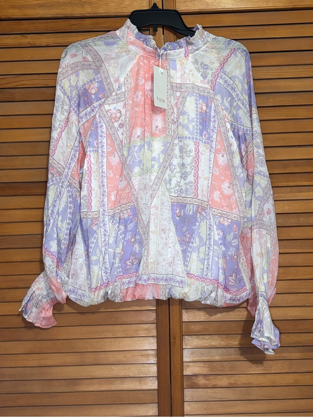 Fate Pastel Patchwork Ruffle-Neck Blouse in Pink & Lavender